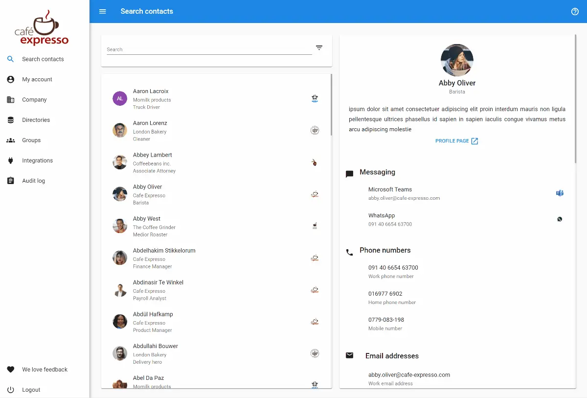 Federated Directory unified search interface for finding contacts across companies